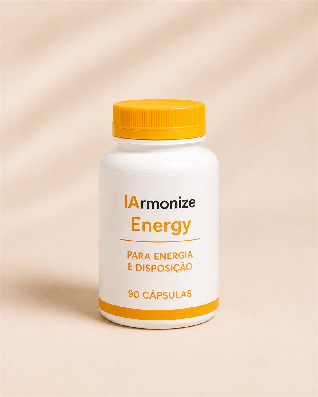 Frasco branco de IArmonize Energy, com tampa amarela, 90 cápsulas.