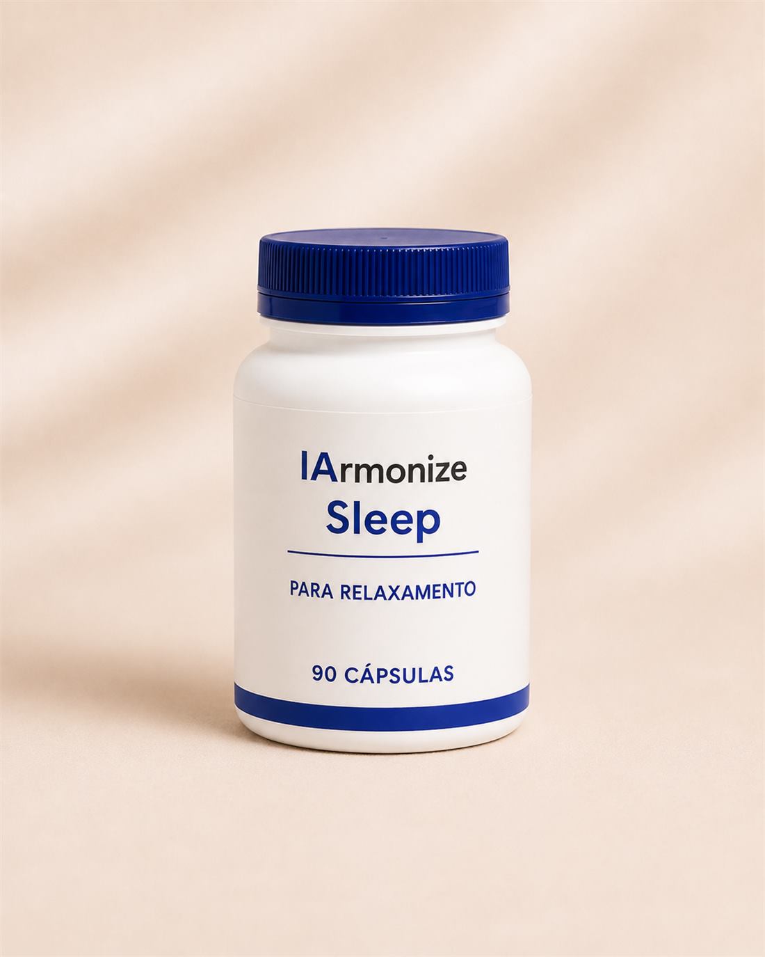 Frasco branco de IArmonize Sleep, com tampa azul, 90 cápsulas.